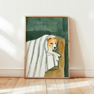 Cozy Dog in Blanket Art Print, Whimsical Pet Illustration, Green and White Decor, Cute Puppy Wall Art, Playful Home Decor, Instant Download