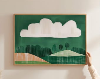 May include: A framed abstract landscape painting with a white cloud in a green sky above a green hill with three small trees. The painting has a wooden frame.