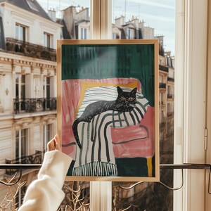 Black Cat Wall Art, Cozy Cat Illustration, Modern Cat Decor, Whimsical Animal Art, Cat Lover Gift, Striped Blanket Print, Playful Cat Poster