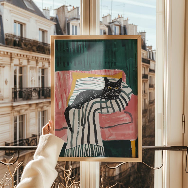 Black Cat Wall Art, Cozy Cat Illustration, Modern Cat Decor, Whimsical Animal Art, Cat Lover Gift, Striped Blanket Print, Playful Cat Poster