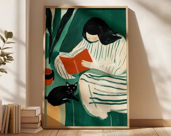 Reading Woman with Black Cat Art Print: Cozy Green Decor (Digital Download)