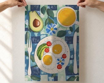 Breakfast Art Print, Avocado and Eggs Kitchen Poster, Blue Checkered Tablecloth Painting, Colorful Food Wall Art, Unframed