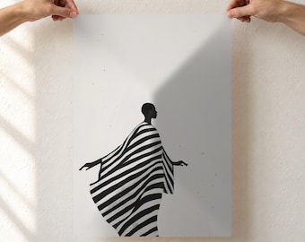 Abstract Black Woman Art Print, Flowing Striped Cape, Nordic Minimalist Wall Art, Black and White Neutral Poster, Unframed