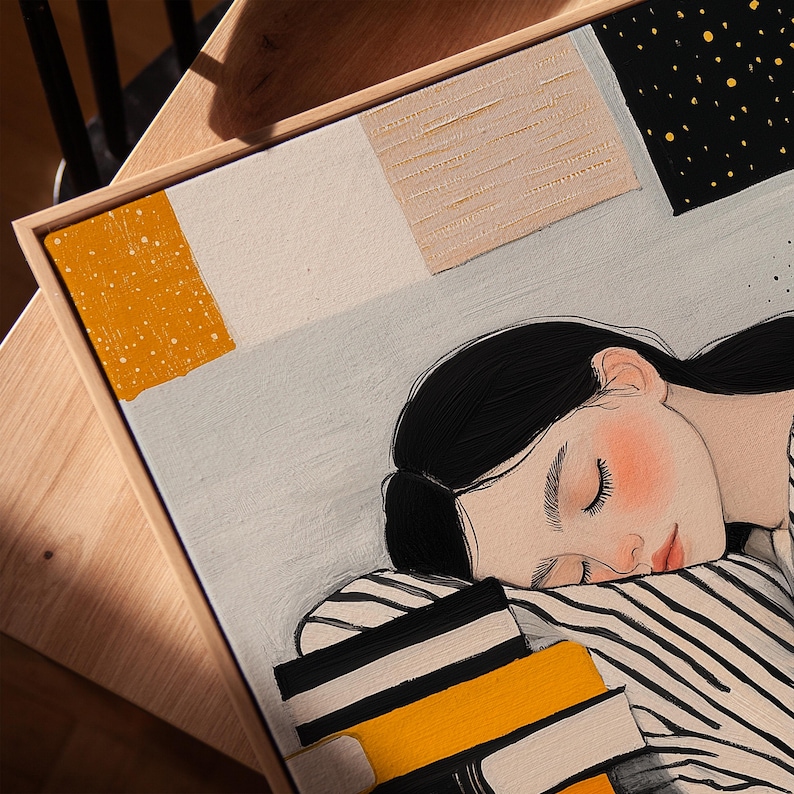Sleepy girl with books illustration, cozy reading art print, minimalistic decor, striped design, peaceful study room decor, modern wall art