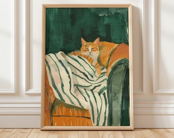 Sleeping Cat Large Wall Art Contemporary Art Minimalist Print Living Room Dark Green Wall Decor Stripe Kitten Printable Digital Download