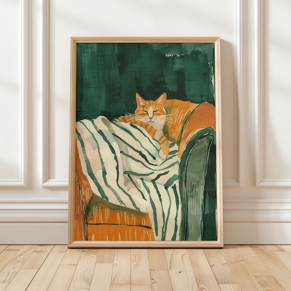 Dark Green Stripe Sleeping Cat Digital Download