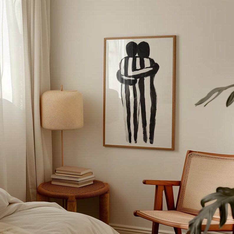 Abstract Hugging Figures Art Print, Black and White Minimalist Wall Art