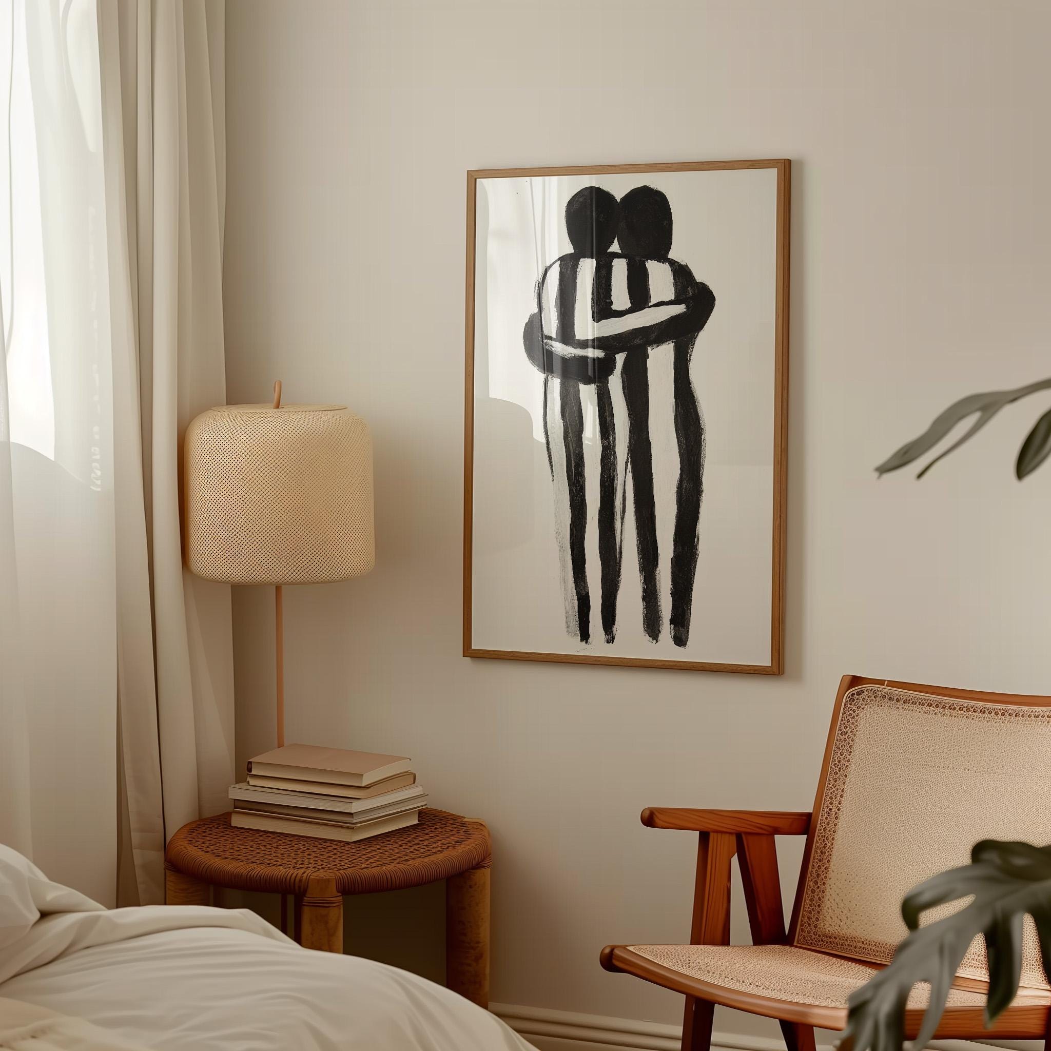 Abstract Hugging Figures Art Print: Minimalist Black and White (digital ...