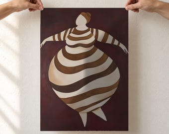Curvy Woman Art Print, Body Positive Wall Art, Striped Dress Figure, Burgundy and Brown Feminine Poster, Unframed