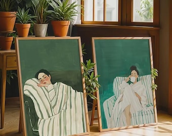 Set of 2 Emerald Green Abstract People Large Wall Art Modern Minimalist Print Living Room Wall Art Stripe Woman Print Digital Download