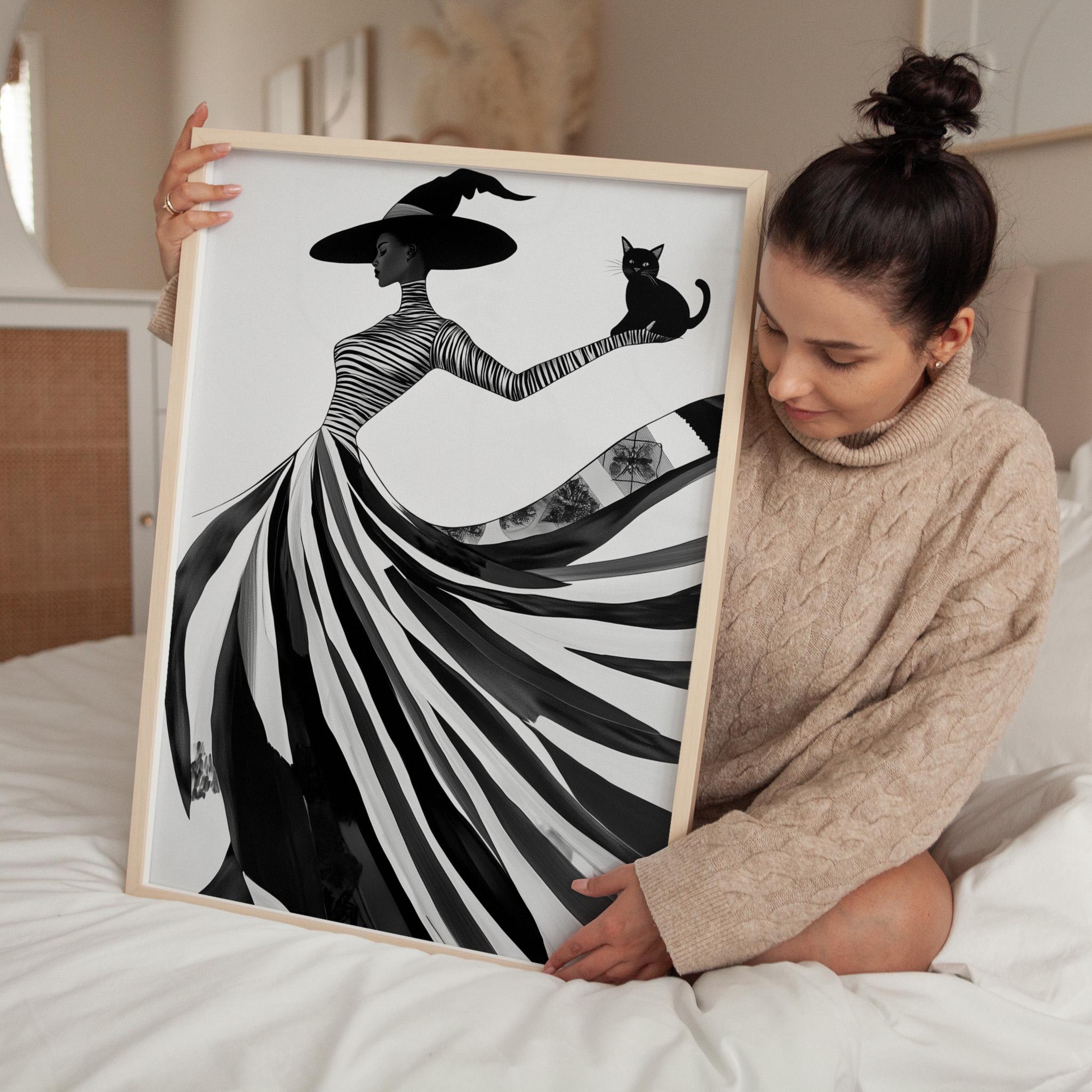 Striped Witch and Cat Art Print: Minimalist Gothic Decor