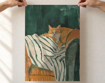Sleeping Orange Cat Art Print, Ginger Cat on Armchair, Vertical Green and Orange Painting, Cat Lover Gift, Unframed Poster
