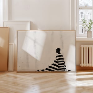 May include: A black and white striped silhouette of a person sitting on a white background with a subtle watercolor effect.