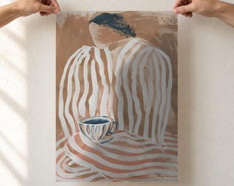 Abstract Woman With Coffee Cup Art Print, Terracotta and White Stripes, Boho Kitchen Wall Art, Coffee Lover Gift, Unframed