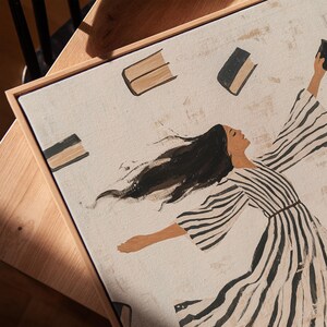 Woman Reading Illustration Modern Wall Art Contemporary Art Minimalist Stripe Dress Print Flying Books Print Book Lover Art Digital Download