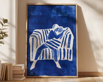 Elektrisch blauwe kunstprint van een stel: abstracte minimalistische woondecoratie (digitale download)