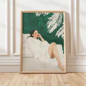 Emerald Green Abstract People Large Wall Art Contemporary Artwork Minimalist Print Living Room Wall Art Stripe Woman Print Digital Download