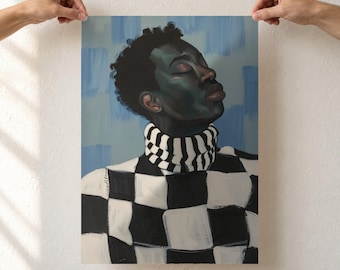 Black Man Portrait Art Print, Checkered Sweater and Striped Collar, Blue Contemporary Painting, Afro Man Wall Art, Unframed
