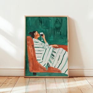 Abstrakte Smaragdgrüne Frau mit Wein Poster: Minimalistisches Wandbild (Digitaler Download)