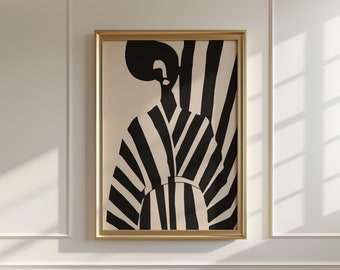 May include: Black and white abstract art print of a person with a striped pattern. The print is framed in a gold frame.
