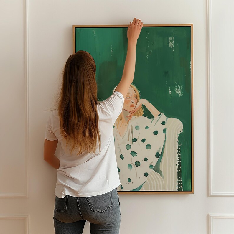 Emerald Green Abstract People Large Wall Art Contemporary Art Minimalist Print Living Room Wall Art Polka Dot Woman Print Digital Download