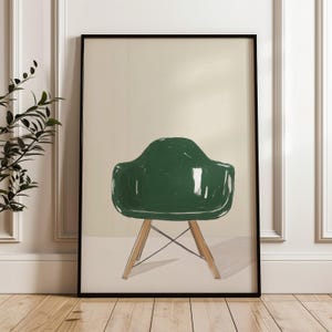 Modern green chair art print, minimalist furniture illustration, contemporary home decor, simple abstract design, neutral wall art, mid-century style