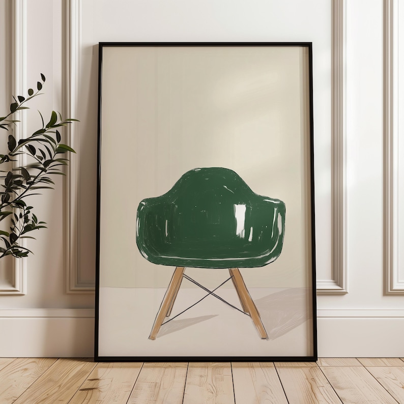 Modern green chair art print, minimalist furniture illustration, contemporary home decor, simple abstract design, neutral wall art, mid-century style