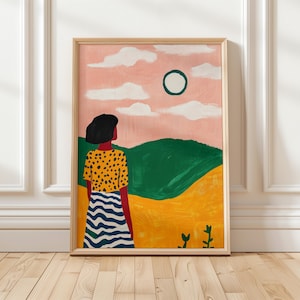 Colorful sunset landscape art print, modern abstract woman illustration, pink sky and green hills, polka dot and stripes outfit, nature-inspired decor