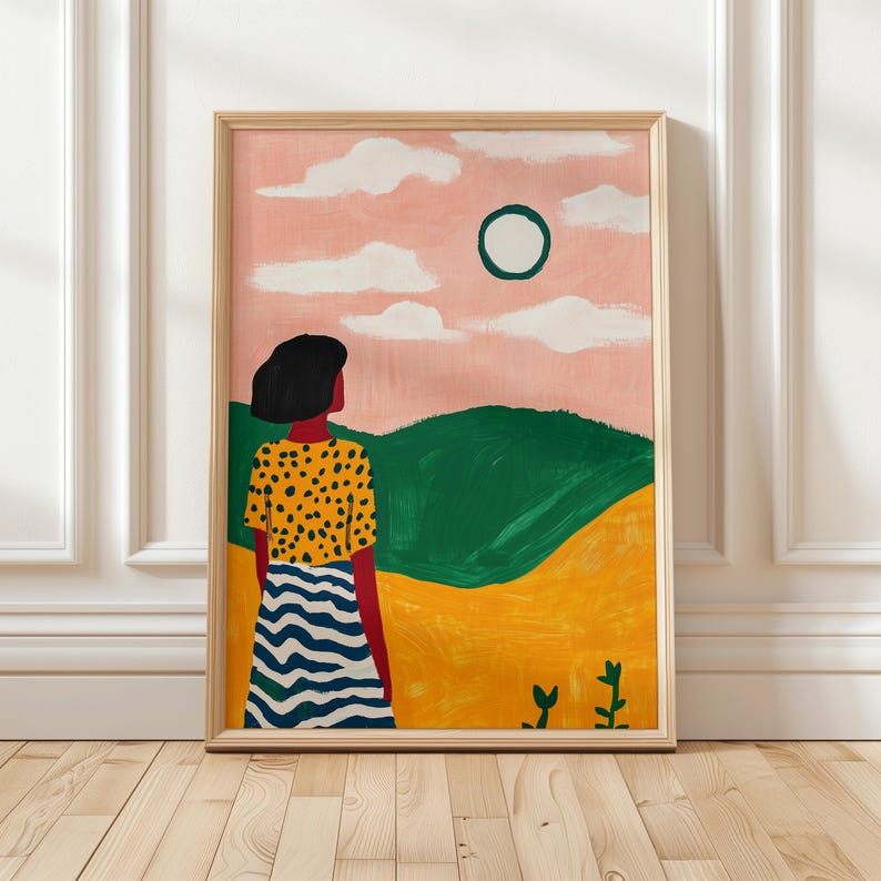 Colorful sunset landscape art print, modern abstract woman illustration, pink sky and green hills, polka dot and stripes outfit, nature-inspired decor