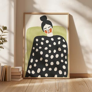 Black & White Dots Abstract People Art, Contemporary Art Abstract Art Living Room Female Figure Wall Art, Minimalist Abstract Woman Print