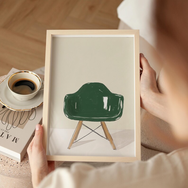 Modern green chair art print, minimalist furniture illustration, contemporary home decor, simple abstract design, neutral wall art, mid-century style