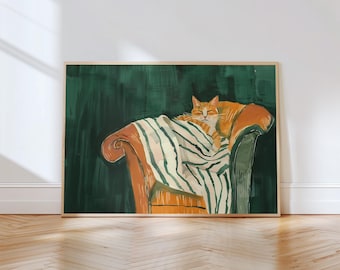 Impression d'art chat endormi : art mural vert foncé minimaliste (téléchargement numérique)