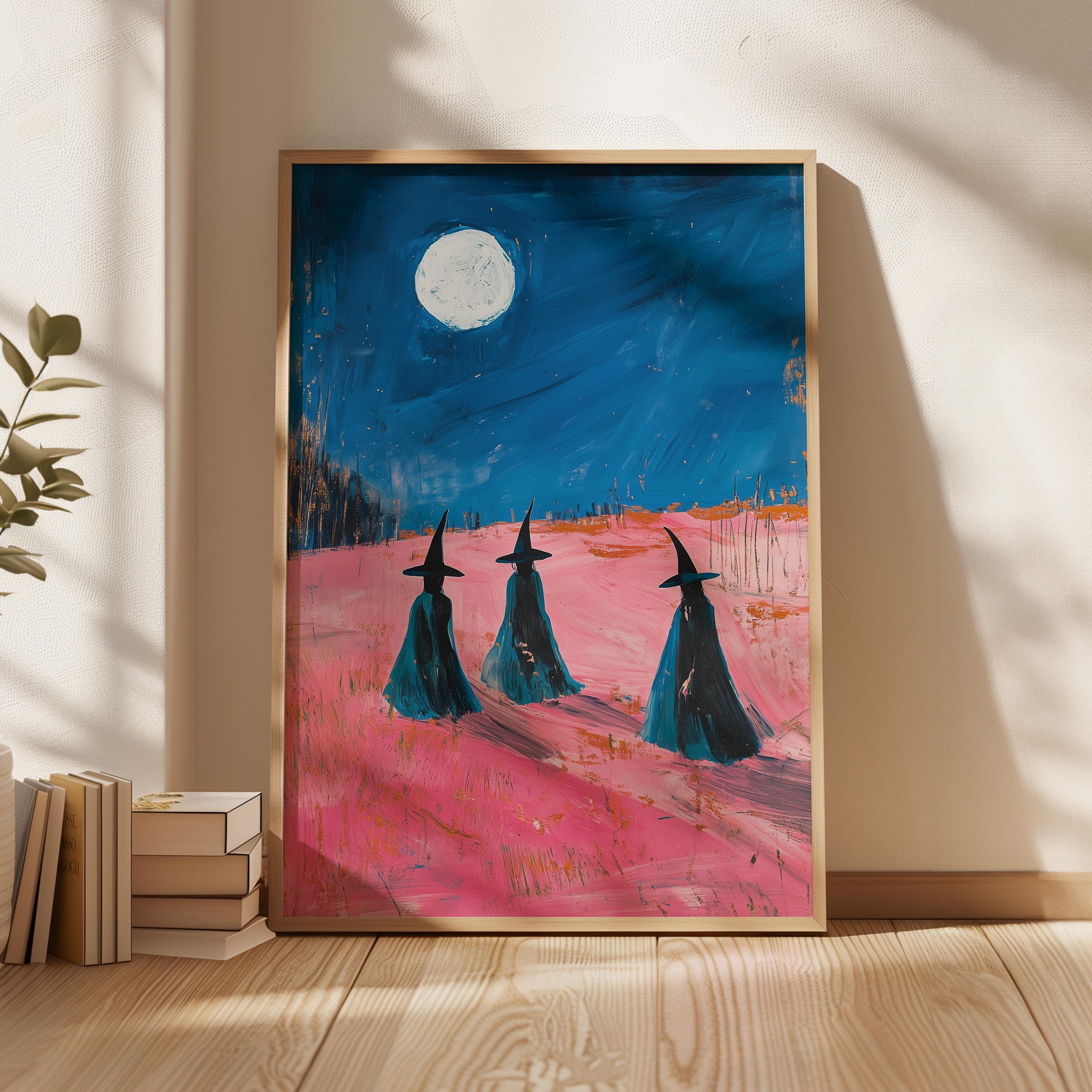 Witch art print with moonlight, magical landscape wall decor, Halloween witch trio painting, mystical sky and pink field, witchy home decor