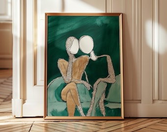 May include: A framed abstract painting of two figures with their heads touching. The figures are outlined in white and filled with gold and green paint. The background is a deep green.