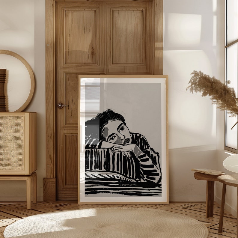 Daydream Reverie: Striped Elegance - Black & White Digital Portrait, Expressive Wall Art, Modern Art, Abstract Wall Art, Digital download.