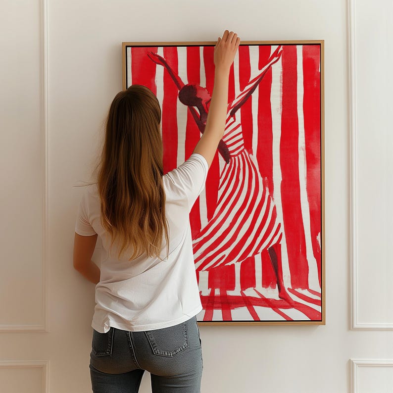 Dancer Red Abstract People Large Wall Art Contemporary Artwork Minimalist Print Dance Studio Wall Art Stripe Woman Print Digital Download