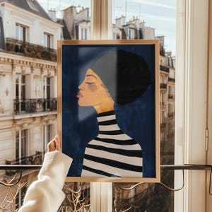 Bold portrait art print, black and white striped decor, modern figurative painting, abstract woman artwork, digital contemporary wall art