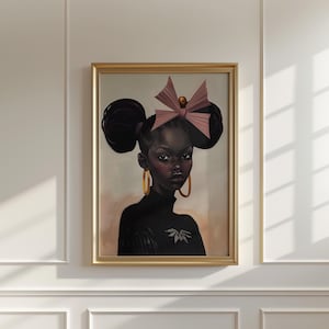 ピンクのリボンが付いたアフロガールのアートプリント、アフロヘアの黒人少女のポートレート、民族的な壁の装飾、現代のアフリカ系アメリカ人アートの即時ダウンロード