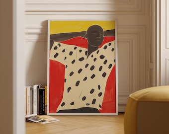 Puede incluir: Una ilustración digital de una persona con piel oscura que lleva una camisa beige con lunares negros. La persona está reclinada hacia atrás con los brazos detrás de la cabeza. El fondo es de color rojo y amarillo.