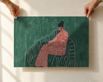Abstract Woman Art Print, Coral Pink Striped Dress on Green Sofa, Horizontal Minimalist Wall Art, Unframed Matte Poster