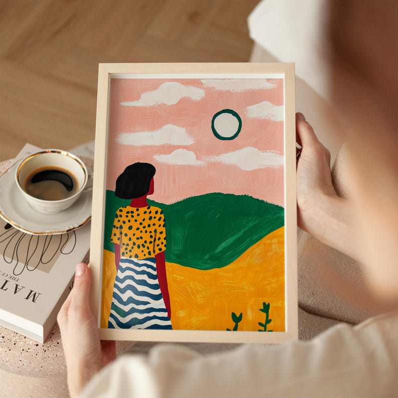 Colorful sunset landscape art print, modern abstract woman illustration, pink sky and green hills, polka dot and stripes outfit, nature-inspired decor