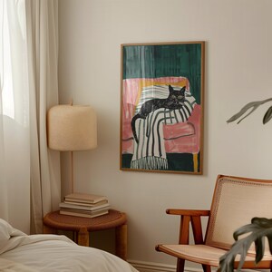 Black Cat Wall Art, Cozy Cat Illustration, Modern Cat Decor, Whimsical Animal Art, Cat Lover Gift, Striped Blanket Print, Playful Cat Poster