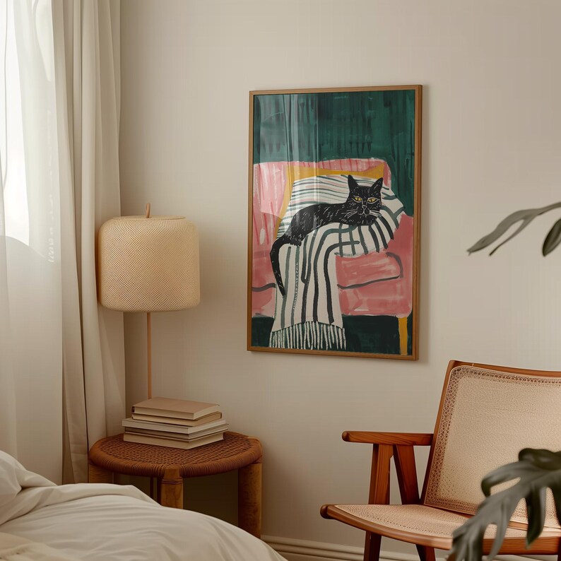 Black Cat Wall Art, Cozy Cat Illustration, Modern Cat Decor, Whimsical Animal Art, Cat Lover Gift, Striped Blanket Print, Playful Cat Poster