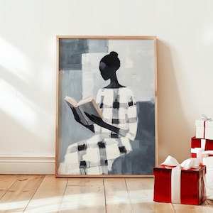 Monochrome lesende Dame Kunstdruck, moderne abstrakte Wandkunst, schwarz-weiße Silhouette Poster, minimalistische digitale Malerei, ruhiges Dekor