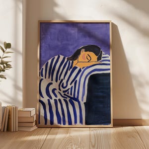 Abstracte slapende vrouw print, paarse en blauwe slaapkamerkunst, gezellige minimalistische wanddecoratie, gestreepte deken moderne kunst, digitale download
