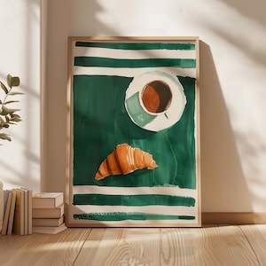Impressão artística de café e croissant: Decoração de cozinha verde para café (Download instantâneo)