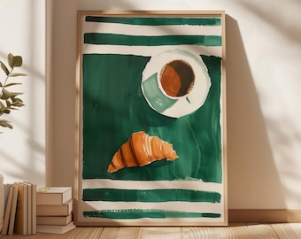 Coffee and Croissant Art Print: Green Kitchen Cafe Decor (Instant Download)