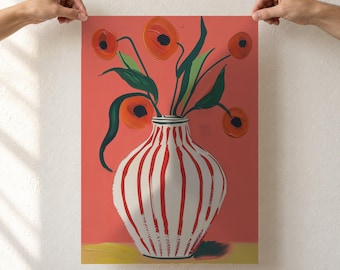 Red Flower Vase Art Print, Striped Vase Painting, Coral and Green Botanical Wall Art, Colorful Kitchen Decor, Unframed Poster