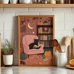 Black Cat Autumn Reading Print: Cozy Halloween Bookshelf Art (digital ...