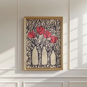 Arte lineal floral abstracto, impresión de flores rosas en jarrones, arte botánico moderno en blanco y negro, decoración floral minimalista, arte de pared digital